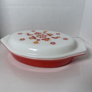 Vintage Pyrex 1 QT Red Friendship Divided Milk Glass Casserole Dish W/Lid Cover